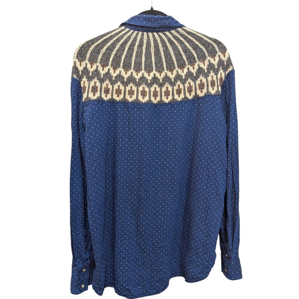 Free People Navy Dots Sage Wool Knit Sweater Button Down Shirt Denim Size Large